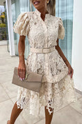 Absolutely Crochet Lace Puff Sleeve Belted Shirt Midi Dress