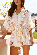 Plant Print Lapel Half Sleeve Tie Waist Loose Rompers
