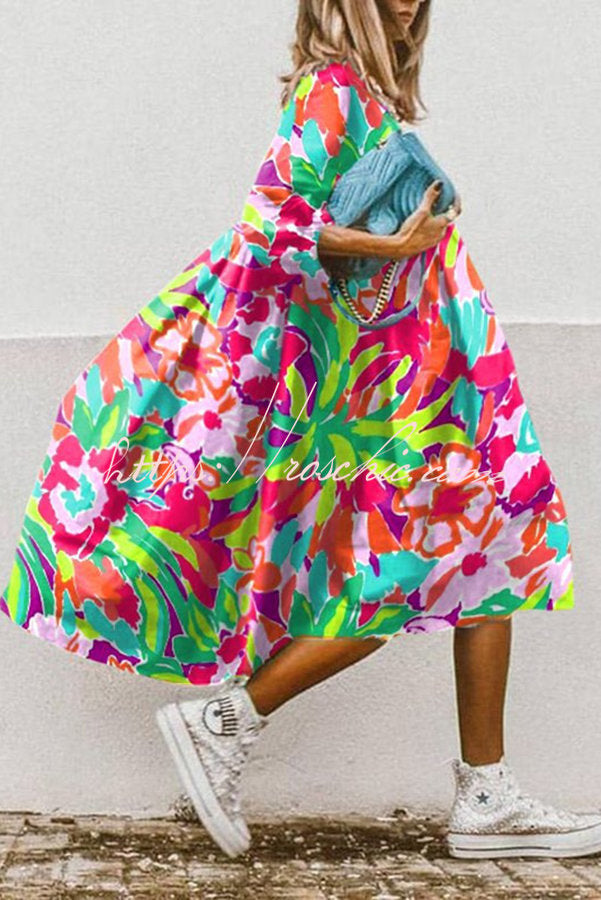 Print High Low Hem A-line Midi Dress