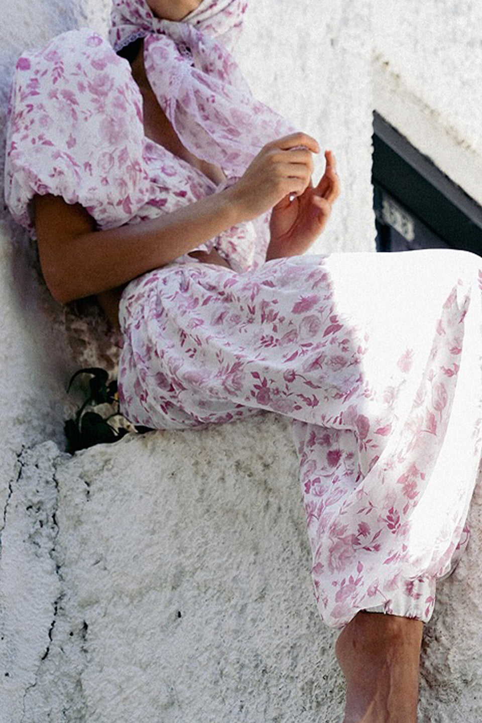 Pink White Puff Sleeve Top Lantern Pants Two Piece Set
