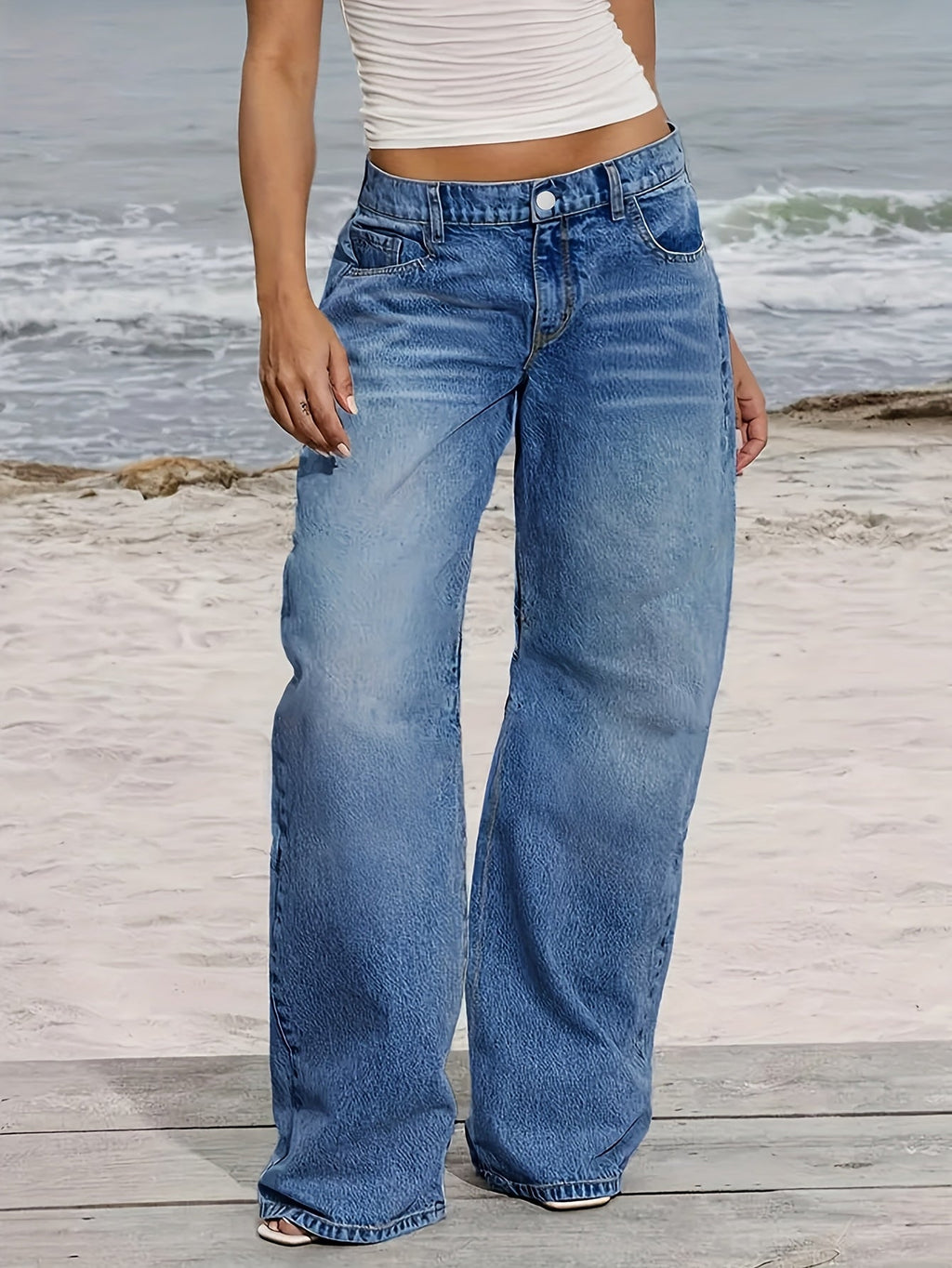 ' Loose Denim Pants, Mid Waist Straight Leg Pants, Convenient Machine Wash, With Pockets