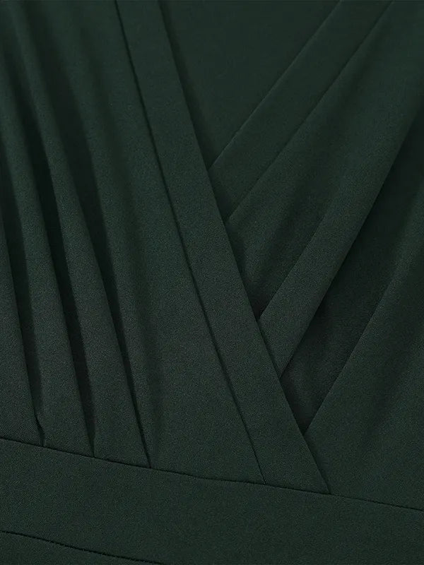 A-line Long Sleeves Gauze Pleated Split-joint V-neck Midi Dresses