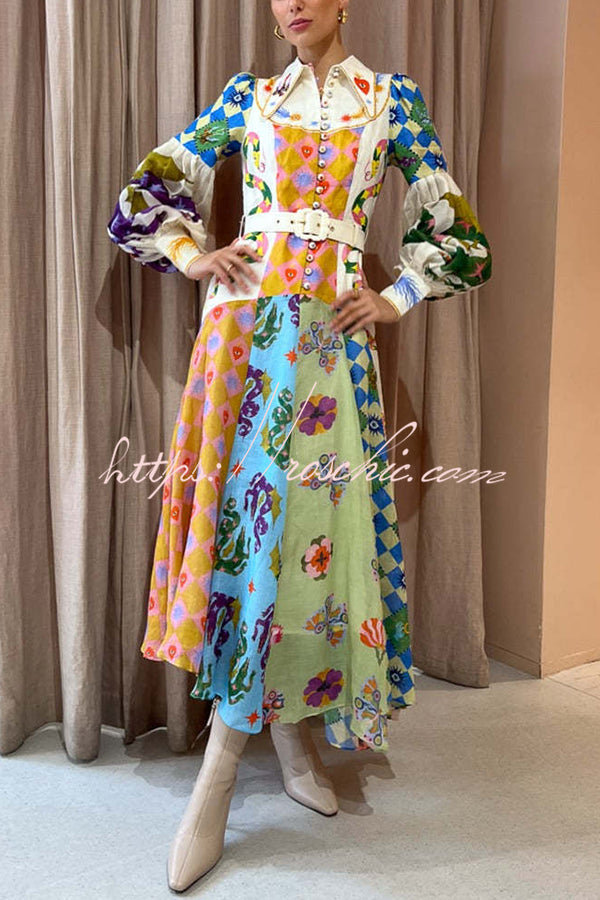 Bold and Irregular Unique Print Balloon Sleeve Belt Shirt Midi Dress