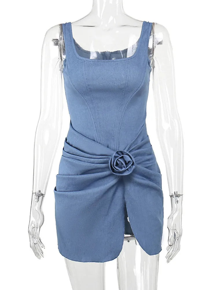 Flower Denim Mini Dress for Strapless Backless Ruched Dresses Femme Sleeveless Skinny Dress