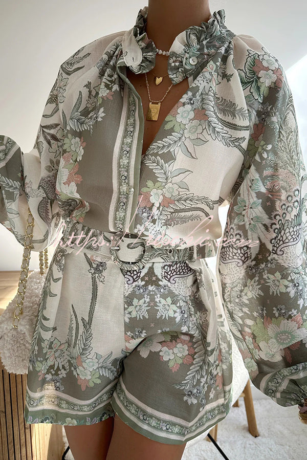Botanical Print Palace Style Stand-up Collar Lantern Sleeve Loose Top and Shorts Set