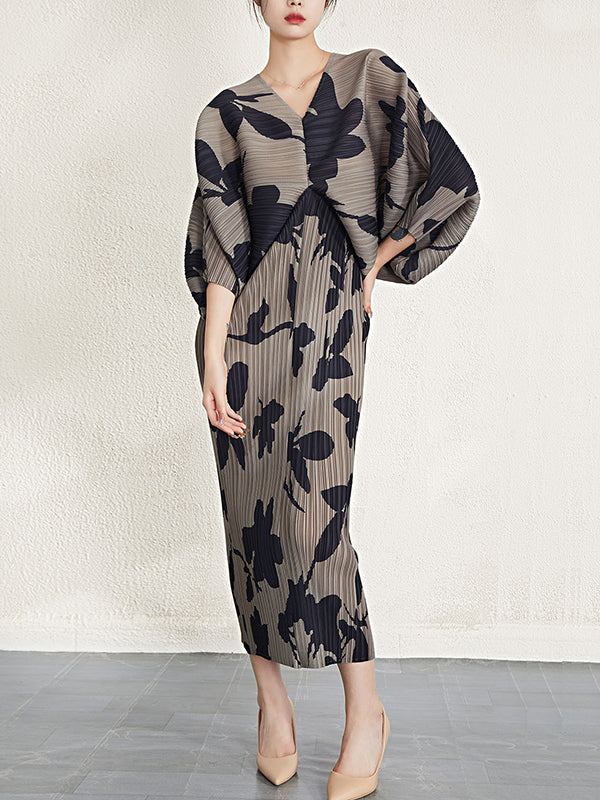 Batwing Sleeves Loose Pleated Printed V-neck Midi Dresses