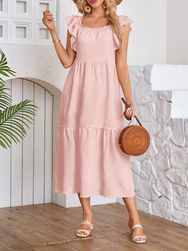 A-line Loose Elasticity Pleated Ruffled Color Split-joint Off-the-shoulder Midi Dresses