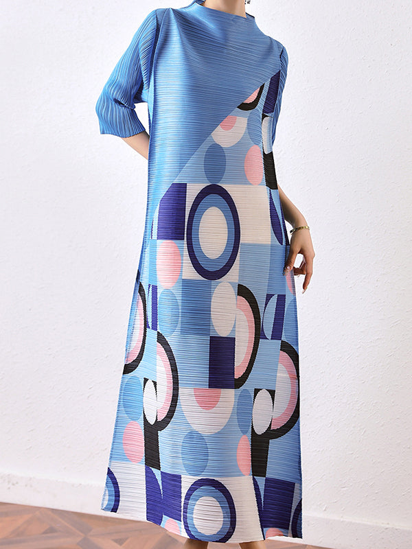 Loose Geometric Printed Pleated Midi Dress