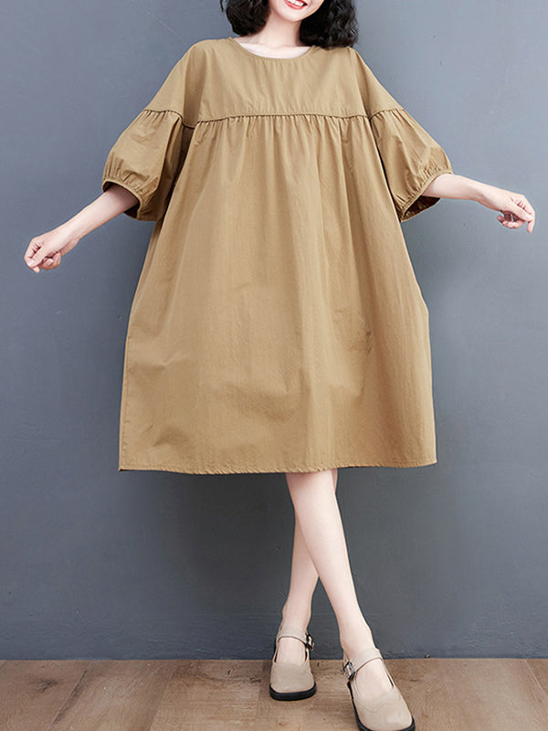 Loose Short Sleeves Color Round-neck Midi Dresses