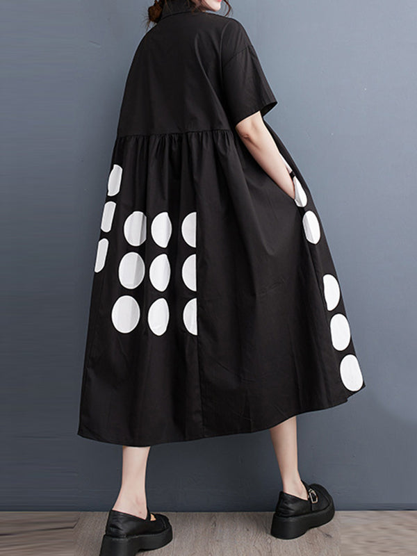 A-line Loose Buttoned Pockets Polka Dot Printed Lapel Midi Dresses