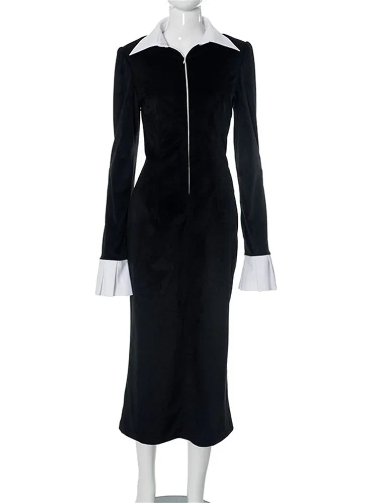 Lapel Zipper Long Dress for Ruffled Contrast Slim Commute High Waist Dress Autumn Maxi Dress