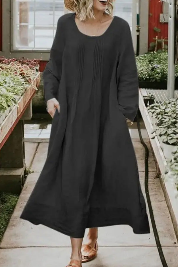 Round Neck Loose Color Long Sleeve Maxi Dress