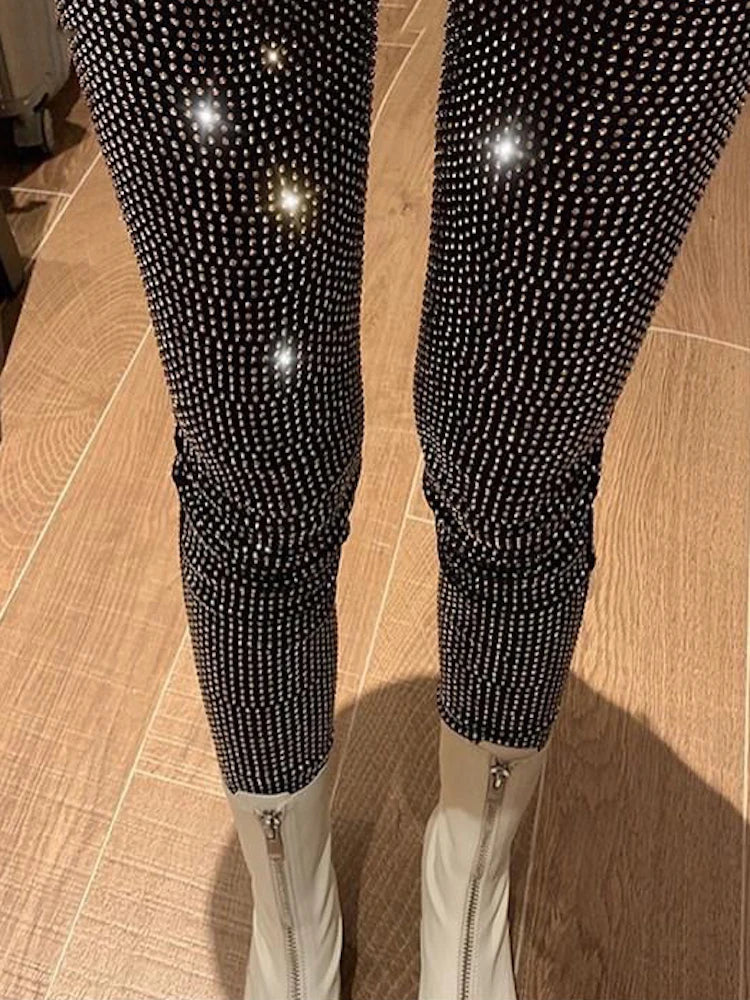 Sparkly Crystal Pants Leggings Autumn Winter High Waist Elastic Bodycon Long Penci Pant Y2k Pants Tights