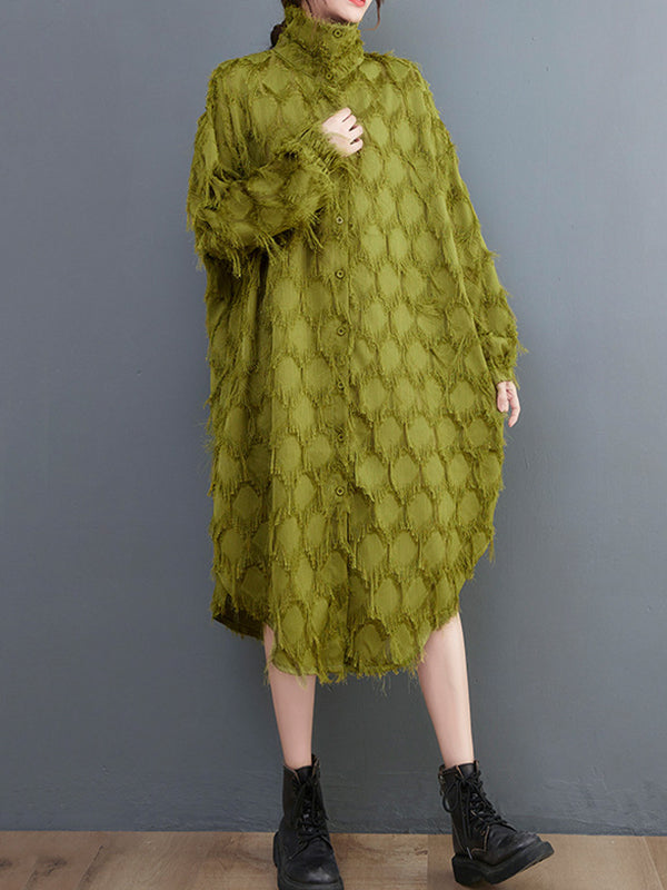 Stylish Long Sleeves Loose Tasseled Color High-neck Midi Dresses