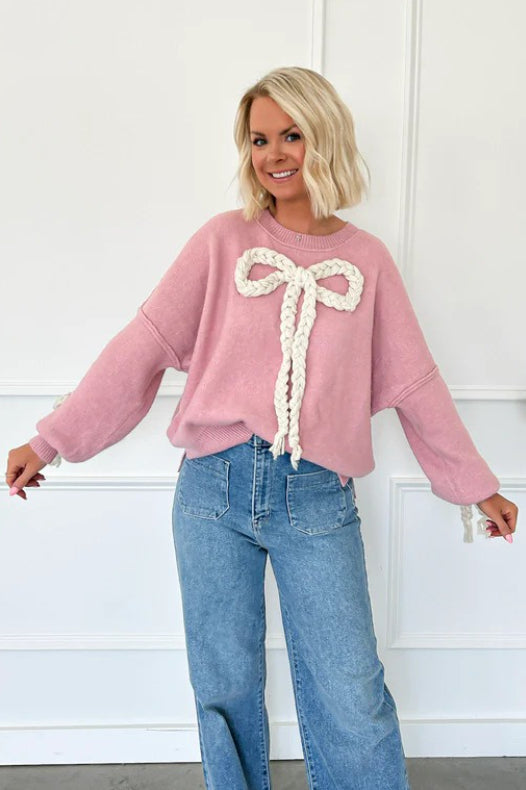 3d Applique Bow Paneled Loose Sweatshirt