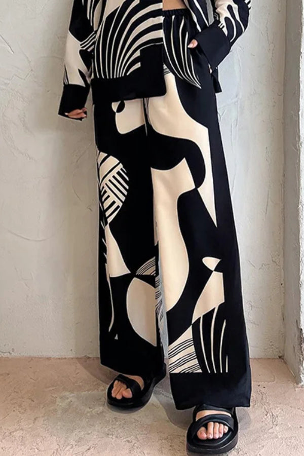 Black and White Printed Lapel Loose Two-piece Set