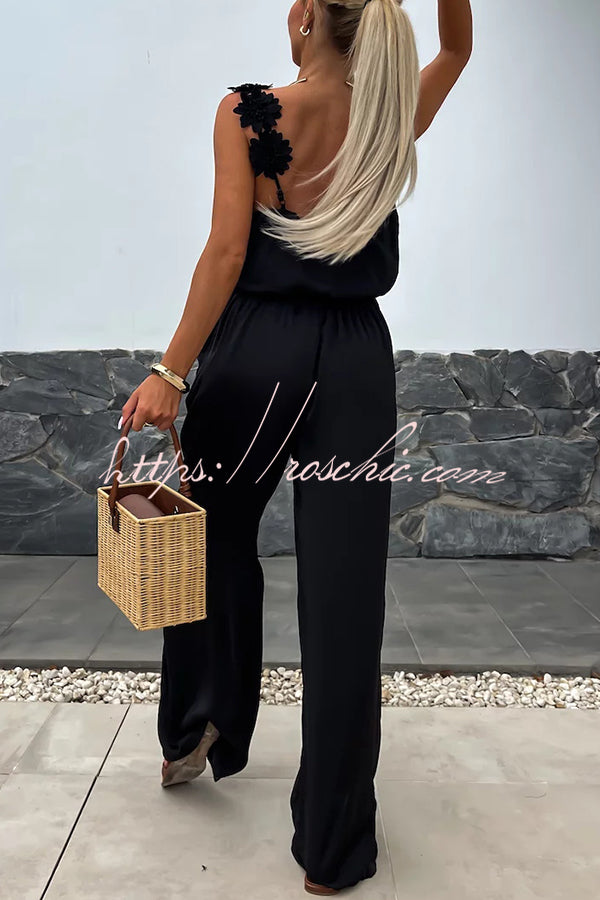Color Embroidered Flower Suspenders Loose Jumpsuit