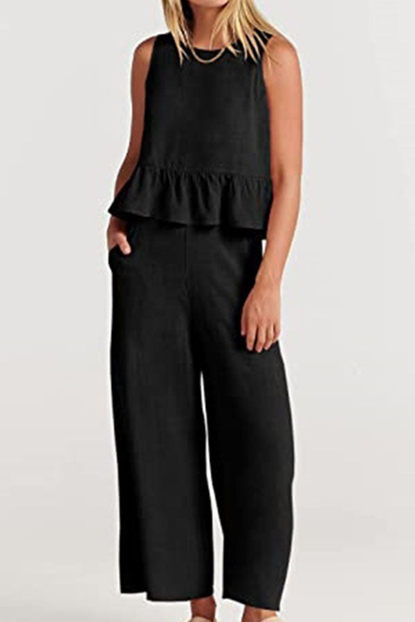 Sleeveless Pleated Vest Wide-leg Cropped Pants Suit