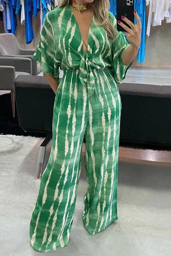 Striped Print V-neck Lace-up Wide-leg Jumpsuit