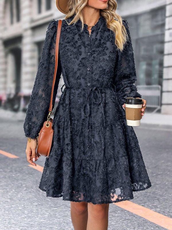 A-line Long Sleeves Buttoned Elasticity Jacquard Pleated Color Tied Waist Stand Collar Mini Dresses