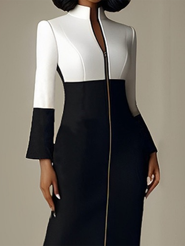 Long Sleeves Contrast Color Split-joint Zipper Stand Collar Midi Dresses