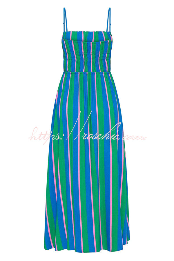 Gigi Linen Blend Stripe Elastic Bodice Pocket Loose Midi Dress