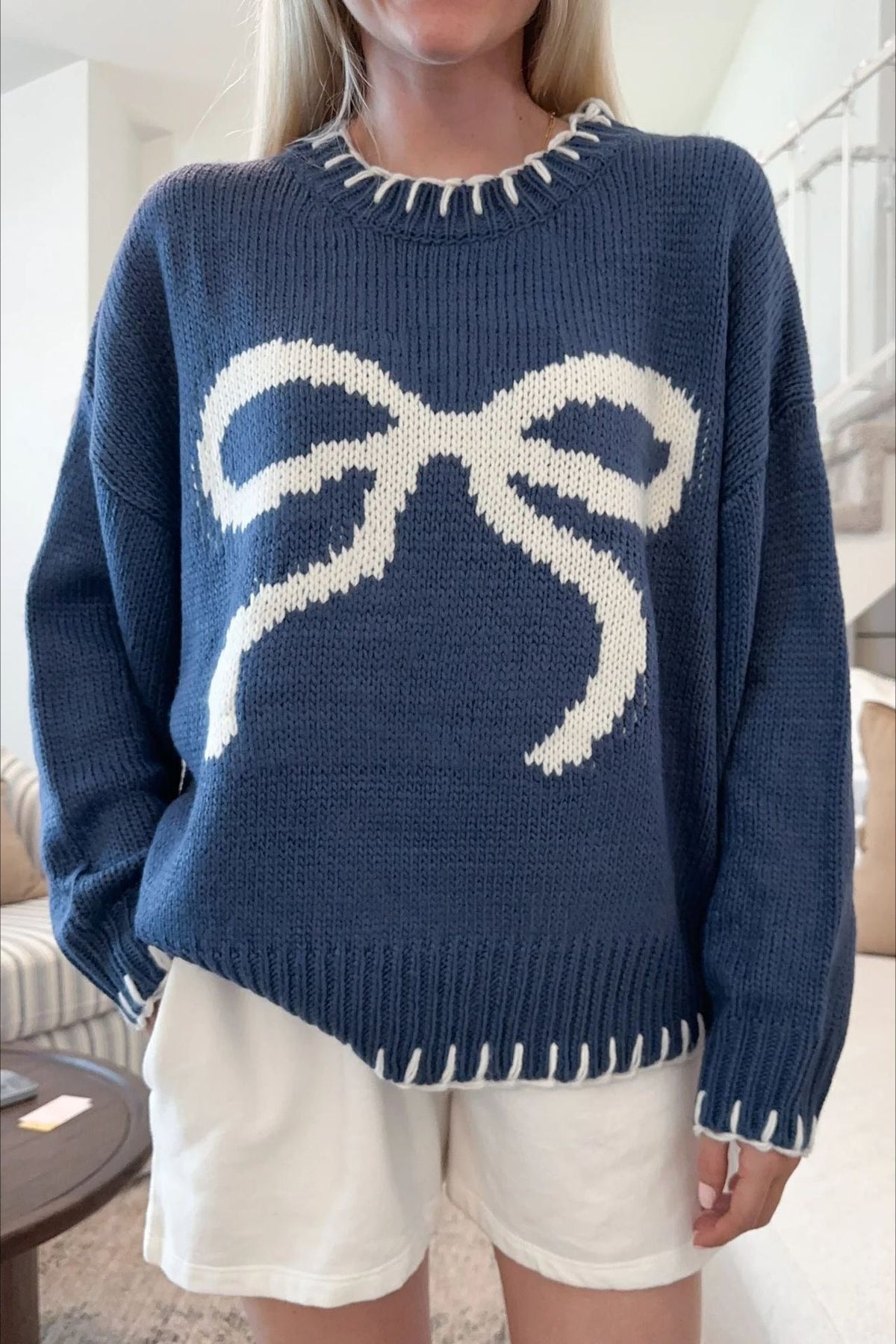 Slouchy Bow Jacquard Loose Pullover Sweater