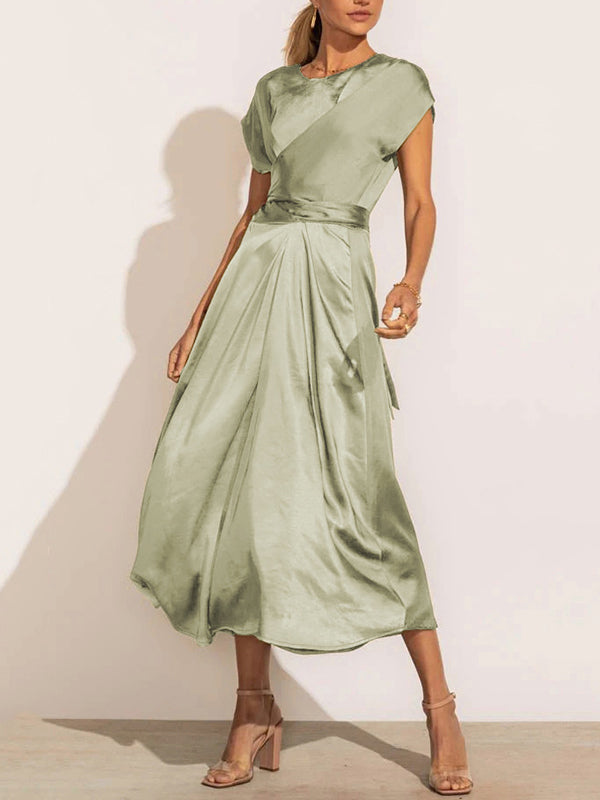 Loose Short Sleeves Color Split-joint Tied Waist Round-neck Midi Dresses