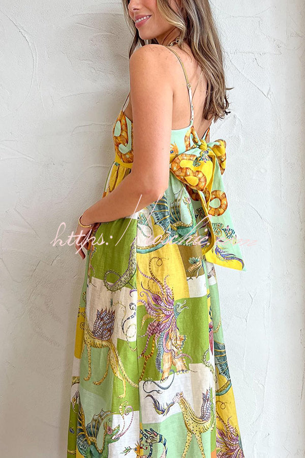 Dragon Family Printed Linen Blend Pocketed Back Knotted Midi Dress