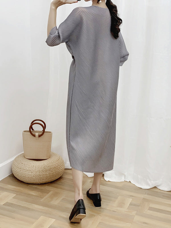 Half Sleeves Irregular Clipping Pleated Color Round-neck Midi Dresses
