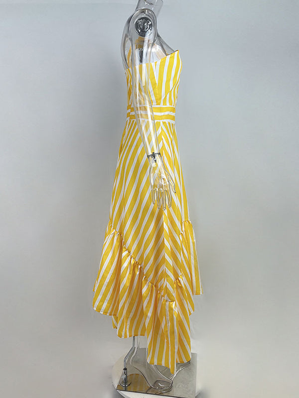 High Waisted Loose Asymmetric Hollow Pleated Pockets Split-joint Striped Zipper One-shoulder Midi Dresses
