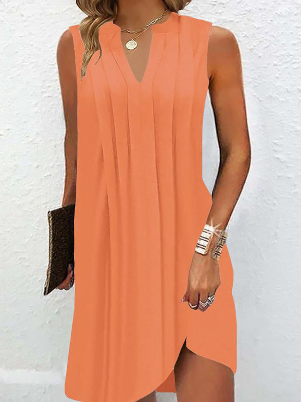 Loose Sleeveless Pleated Color V-neck Mini Dresses