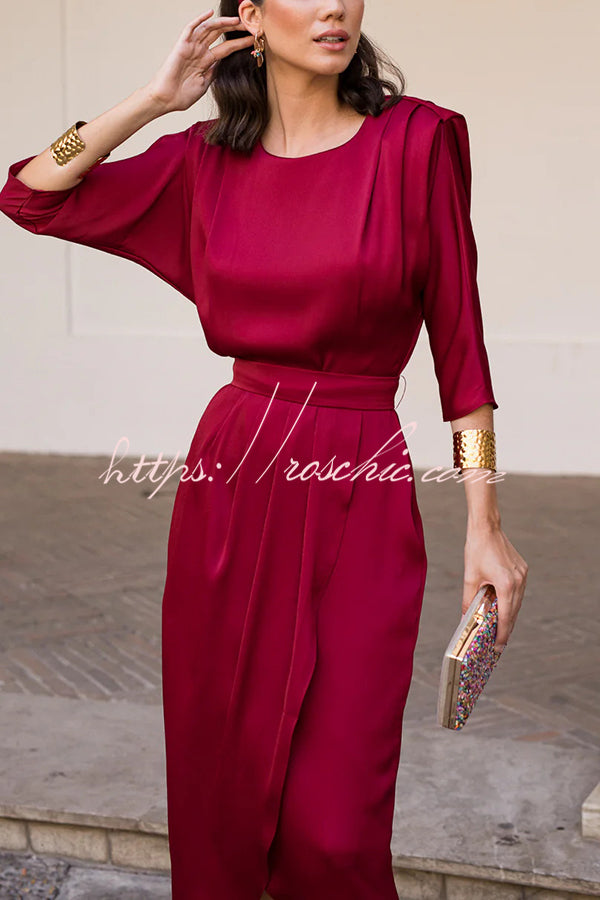 Satin Color Round Neck Half Sleeve Waist Midi Dress