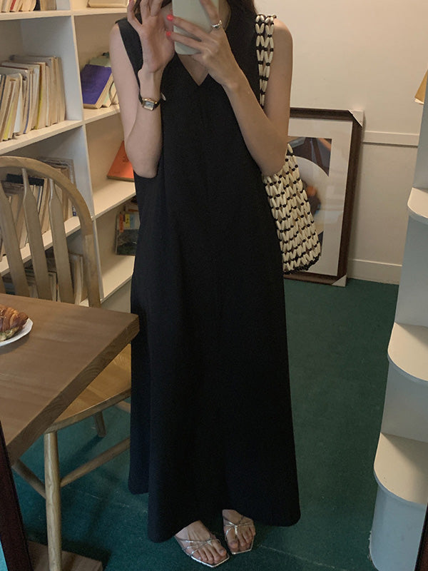 Loose Sleeveless Color V-neck Midi Dresses
