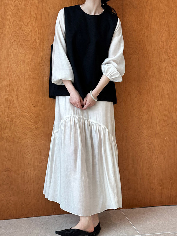 High Waisted Long Sleeves Elasticity Pleated Color Split-joint Zipper V-neck Midi Dresses