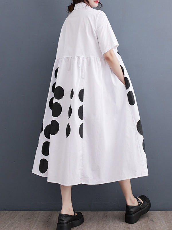 A-line Loose Buttoned Pockets Polka Dot Printed Lapel Midi Dresses