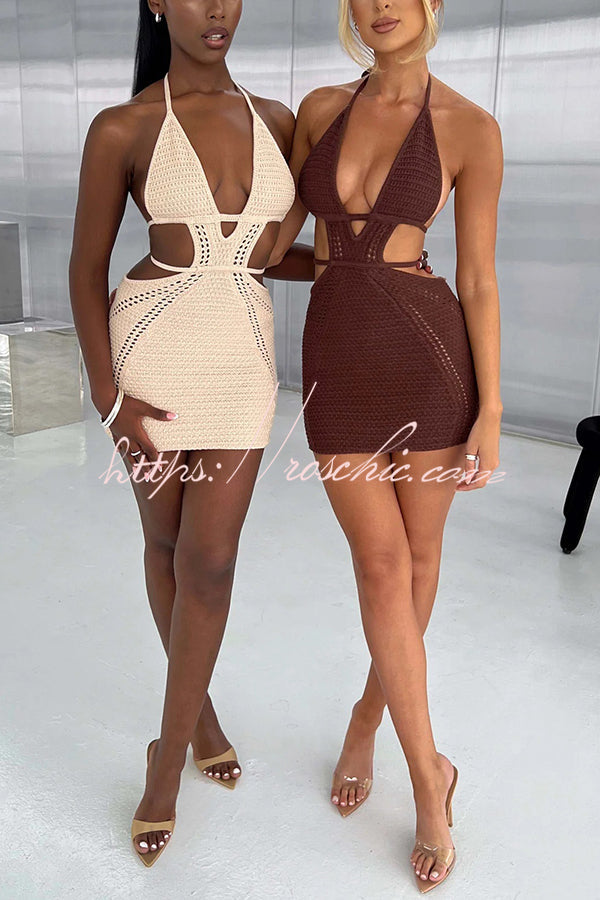 Effortlessly Cool and Knit Crochet Cutout Halter Tie-up Stretch Mini Dress