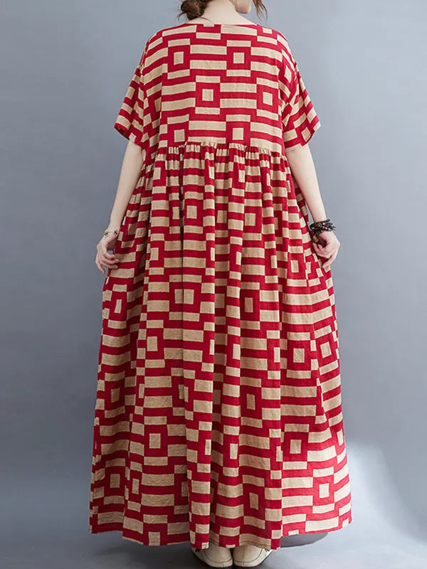 Loose Short Sleeves Plaid Round-neck Midi Dresses
