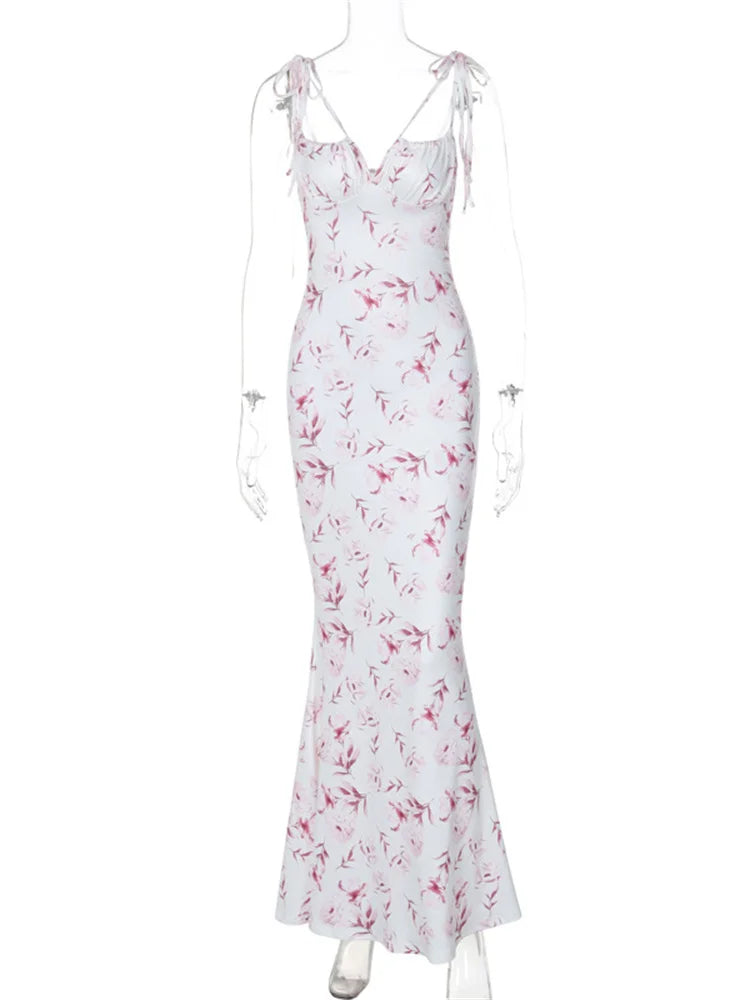 Summer Printed Halter Dresses Female Slim Backless Contrast Lace-up High Waist Maxi Dress Clothes