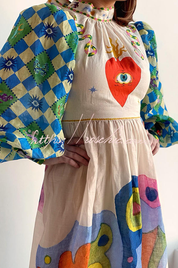 Dear to My Heart Unique Print Lantern Sleeve A-line Midi Dress