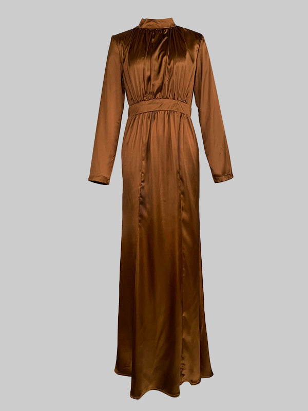 Long Sleeves Loose Pleated Shiny Color Split-joint Tied Waist High Neck Evening Dresses Maxi Dresses