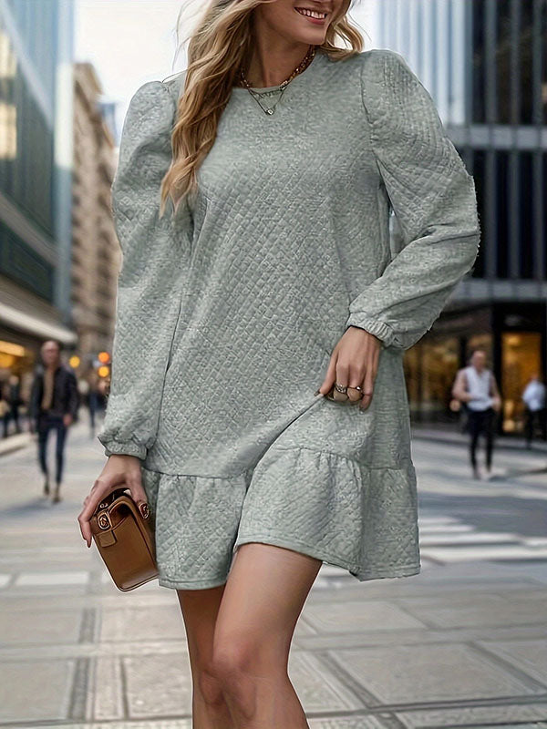 A-line Long Sleeves Jacquard Pleated Color Split-joint Round-neck Mini Dresses