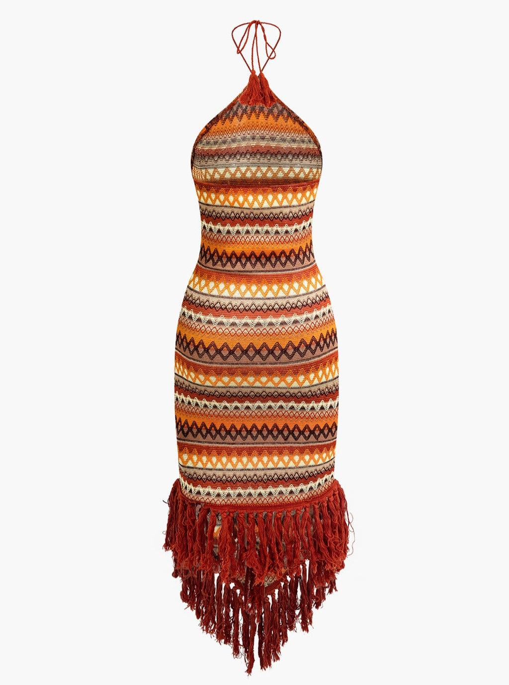 Fringe and Colorful Pattern Halter Midi Dress