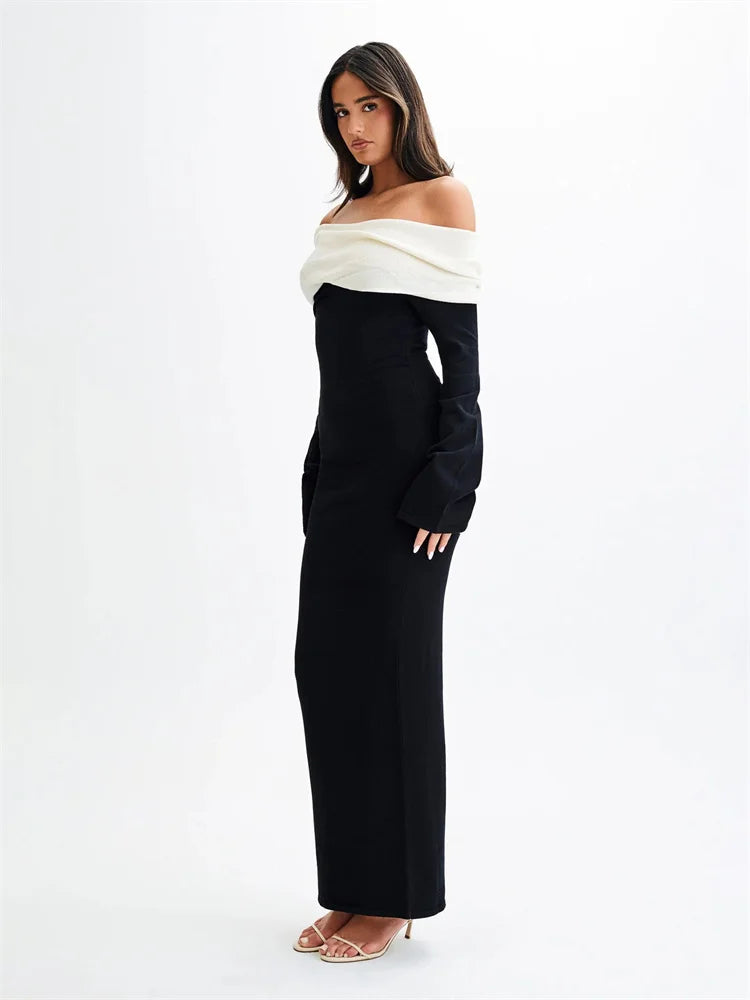 Backless Knitwear Long Dress Contrast Autumn Slim Party Dress Patchwork Knit Female Maxi Dress