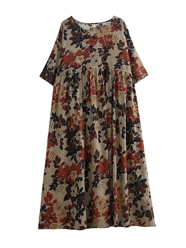 Loose Puff Sleeves Printed Round-neck Midi Dresses