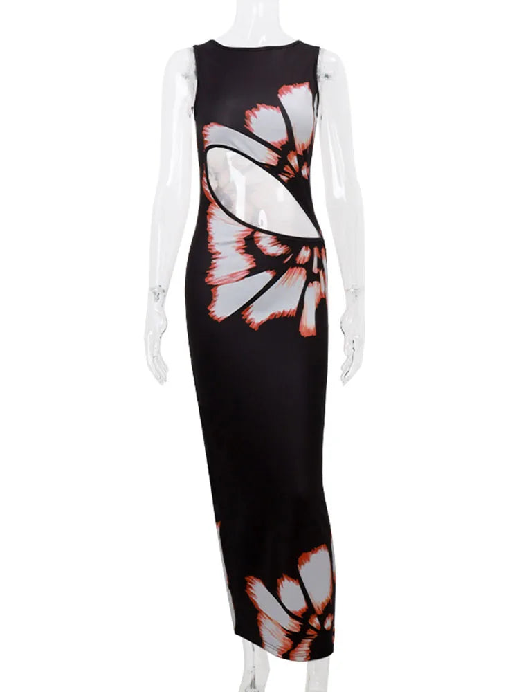 Hollow Out Printed Sleeveless Maxi Dress ’s Summer Slim High Waist Female Bodycon Long Dress New