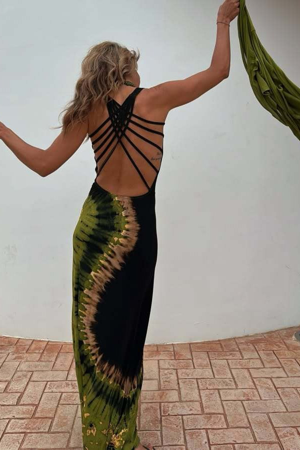 Print Backless Tie Slim Fit Maxi Dress