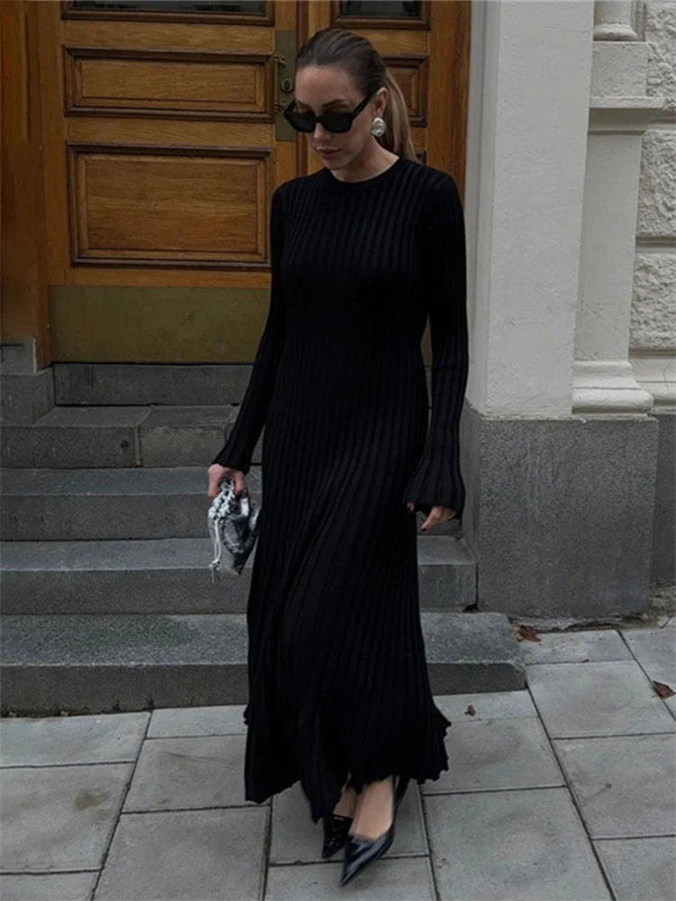Black Autumn Knitwear Maxi Dress ’s Ribbed Loose Patchwork High Waist Dress Femal Bodycon Knit Dress