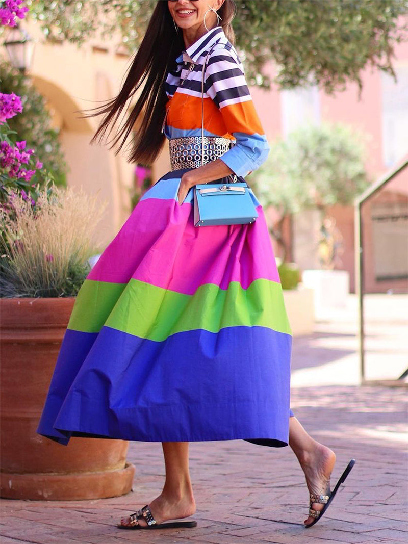 Loose Three-quarter Sleeves Buttoned Contrast Color Striped Lapel Collar Midi Dresses