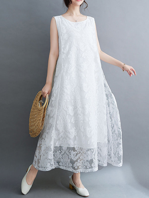 A-line Loose Lacy See-through Color Split-side Round-neck Midi Dresses